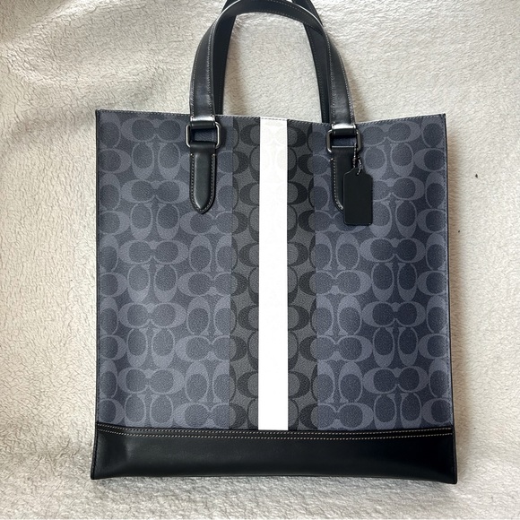 NWT COACH Men’s Signature Web Tall Tote Bag Black & Gray - Picture 2 of 13